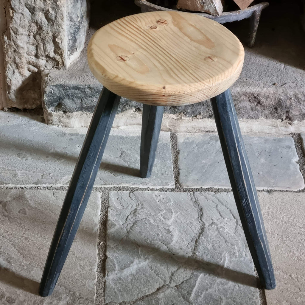 Hand-Carved Pine Milking Stool with Hollowed Seat and Wax Finish