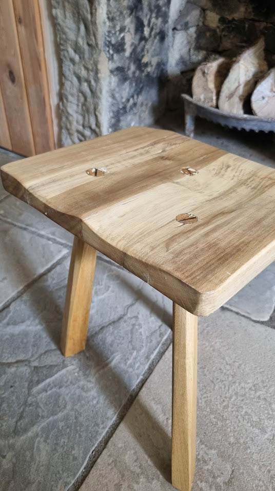 Hand-Carved Tulipwood Accent Stool with Iroko Legs