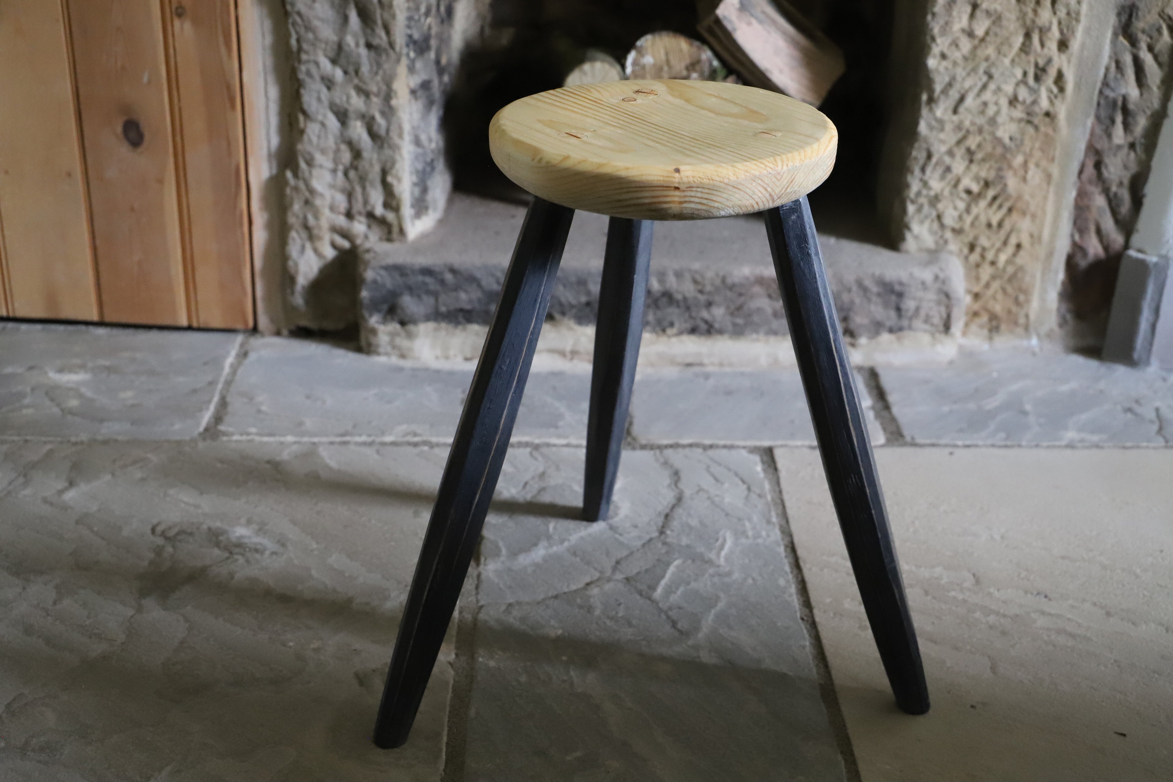 Hand-Carved Pine Milking Stool with Hollowed Seat and Wax Finish